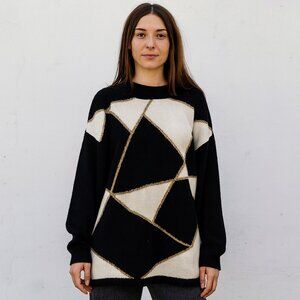 Vintage 1980s Black White Gold Geometric Sweater 18 XL